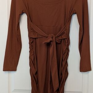Shein Maternity Brown Long Sleeve Dress with Tie Waist